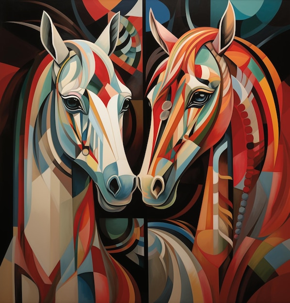 pintura de dos caballos con diferentes colores y patrones en un fondo negro