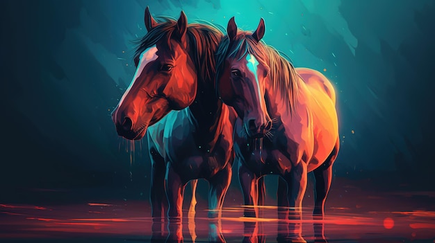 Una pintura de dos caballos parados en un estanque.