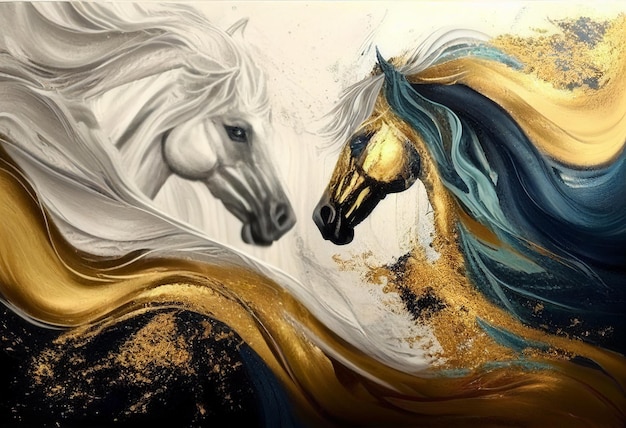Una pintura de dos caballos con pintura dorada.