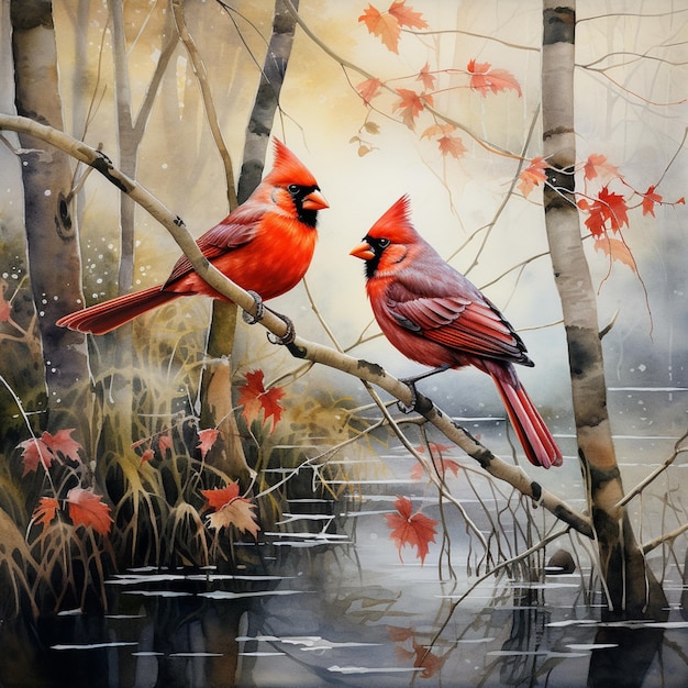 Foto pintura de dos cardenales sentados en una rama en un estanque generativo ai