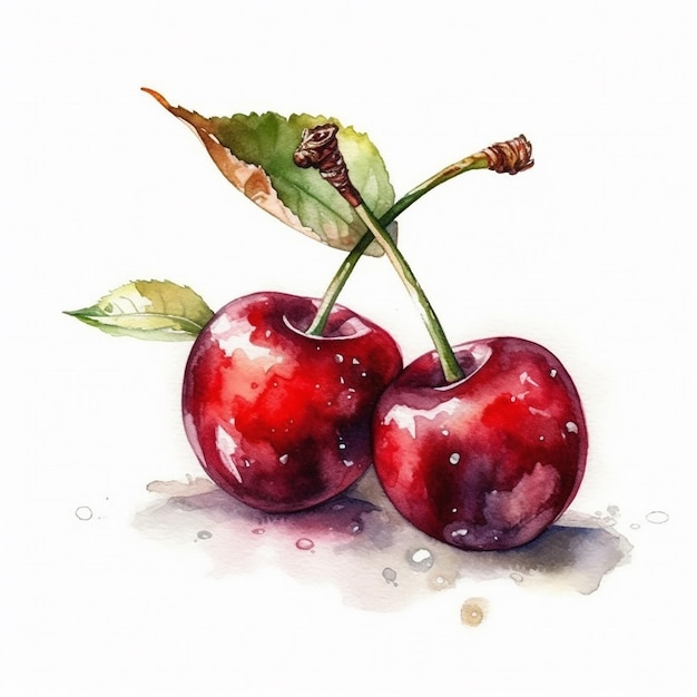 Una pintura de dos cerezas con hojas.