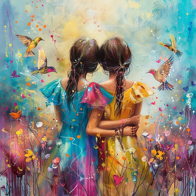 Foto una pintura de dos chicas abrazadas y una pareja con pájaros volando alrededor