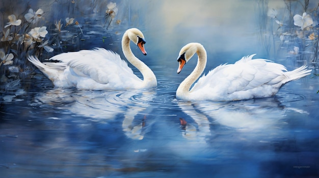 Una pintura de dos cisnes nadando en un estanque de agua