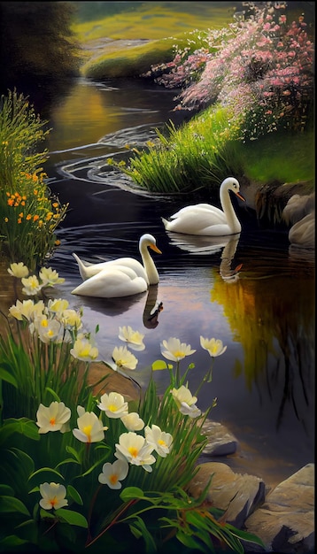 Una pintura de dos cisnes nadando en un estanque con flores.