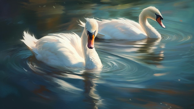 Una pintura de dos cisnes nadando en un lago.