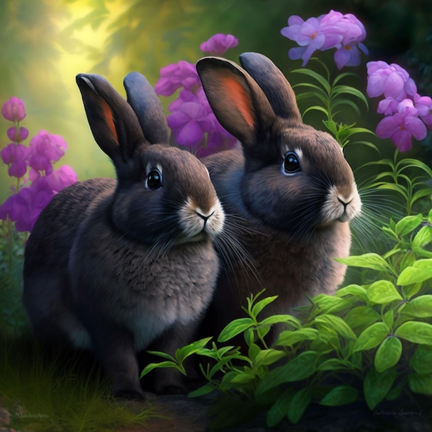 Una pintura de dos conejos en un jardín con flores moradas.