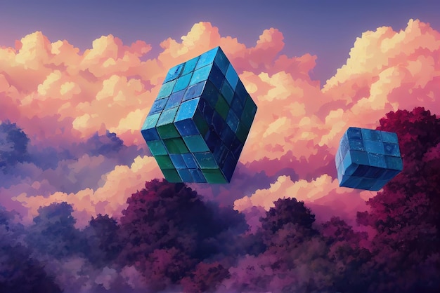 Una pintura de dos cubos en las nubes.