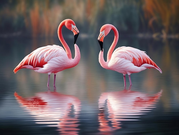 Una pintura de dos flamencos con el cuello cruzado y sus cuellos se reflejan en el agua.