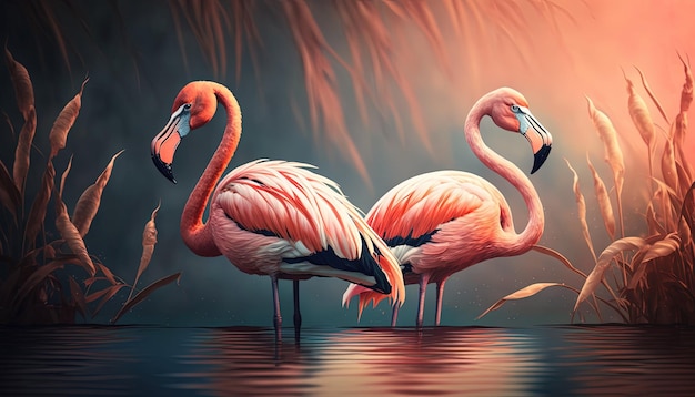 Una pintura de dos flamencos en un lago con un fondo rojo.