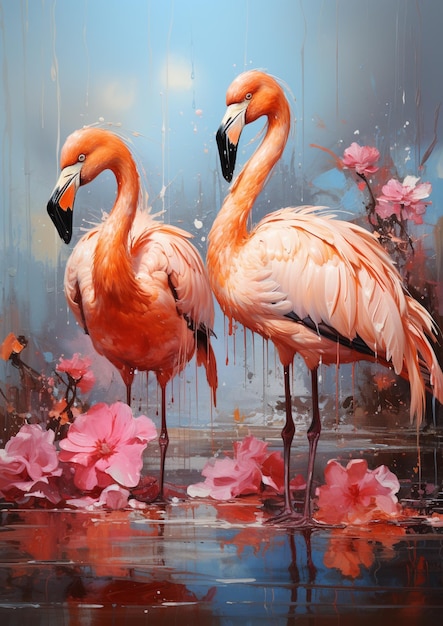 Pintura de dos flamencos parados en un estanque de agua con flores rosadas ai generativo