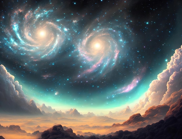 Una pintura de dos galaxias como estrellas sobre una montaña.