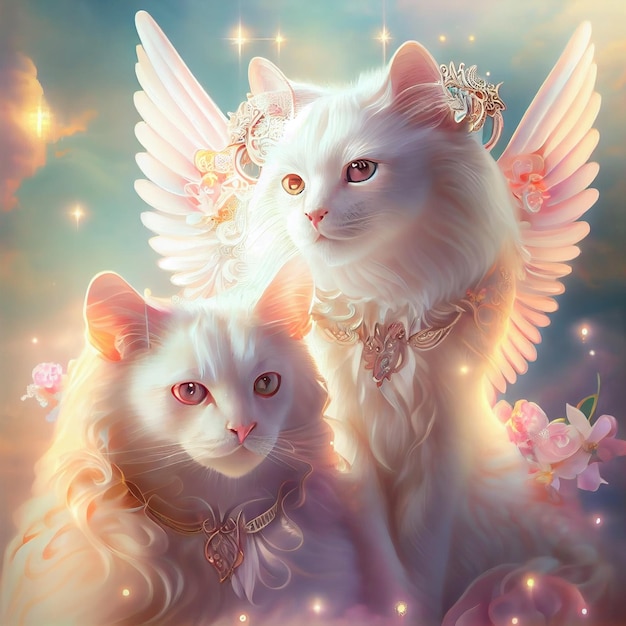 Una pintura de dos gatos con alas y un corazón rosa a la izquierda.