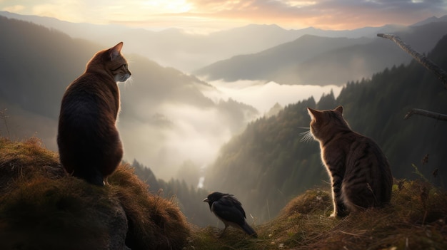 Una pintura de dos gatos en una colina con un pájaro en la cima.
