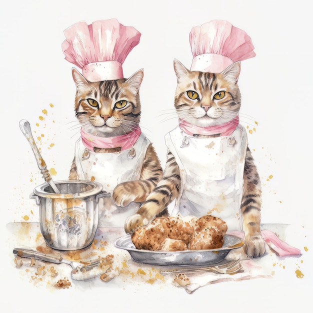 Una pintura de dos gatos con gorro de chef