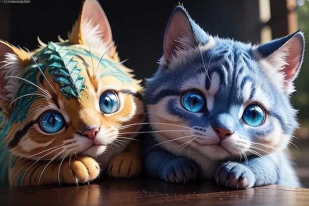 Una pintura de dos gatos con ojos azules y una cola de hojas verdes