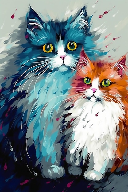 Una pintura de dos gatos con pelaje azul y blanco.
