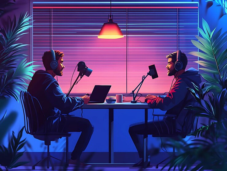 una pintura de dos hombres frente a una computadora portátil y una taza de café