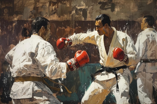 Una pintura con dos hombres involucrados en una feroz pelea capturando la intensidad y la emoción del momento Karatekas en el medio bajo el ojo atento de un árbitro AI Generado