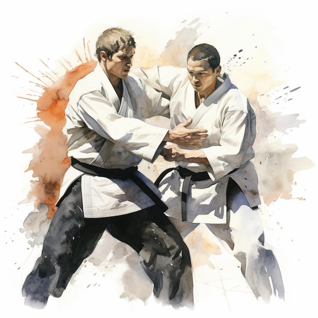 Foto pintura de dos hombres en kimonos blancos están luchando entre sí generativo ai