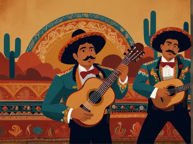 una pintura de dos hombres tocando la guitarra y las palabras el de la derecha