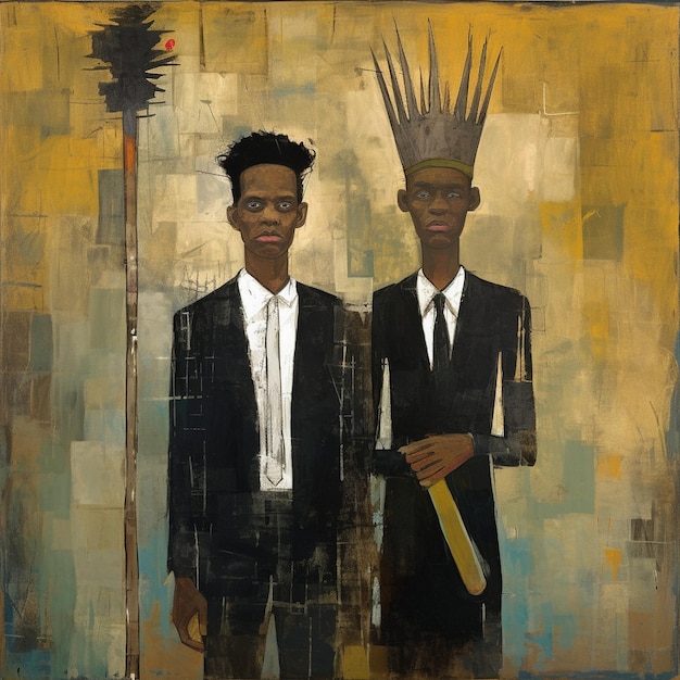 una pintura de dos hombres con trajes y una corona.