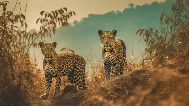 Una pintura de dos leopardos en una jungla.