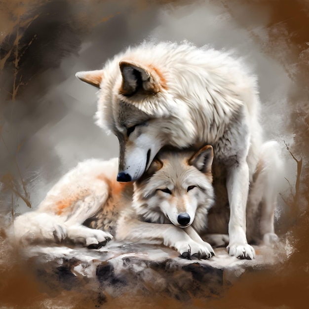 Una pintura de dos lobos