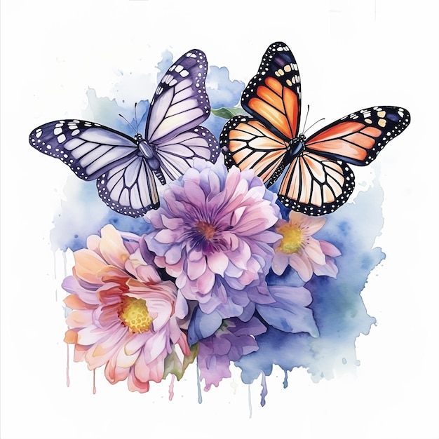Una pintura de dos mariposas con flores y una tiene una mariposa.