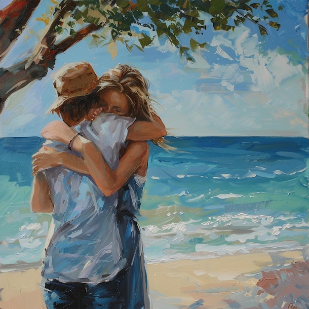 una pintura de dos mujeres abrazadas en una playa con el océano en el fondo