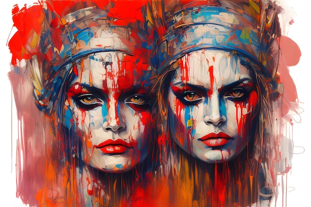 Una pintura de dos mujeres con colores rojo, azul y blanco.