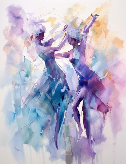 Pintura de dos mujeres en pose de baile con un colorido fondo generativo ai