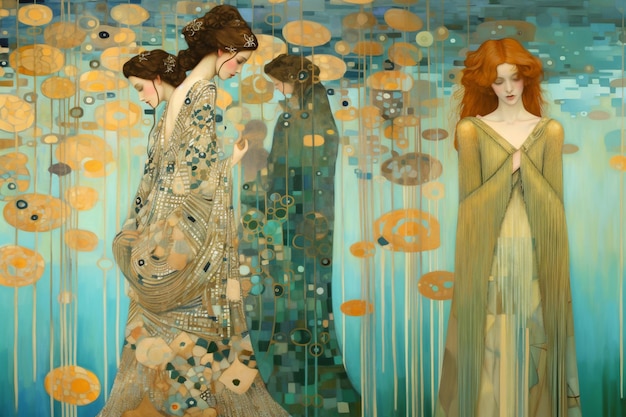 Foto pintura de dos mujeres con vestidos largos de pie frente a una pintura generativa ai