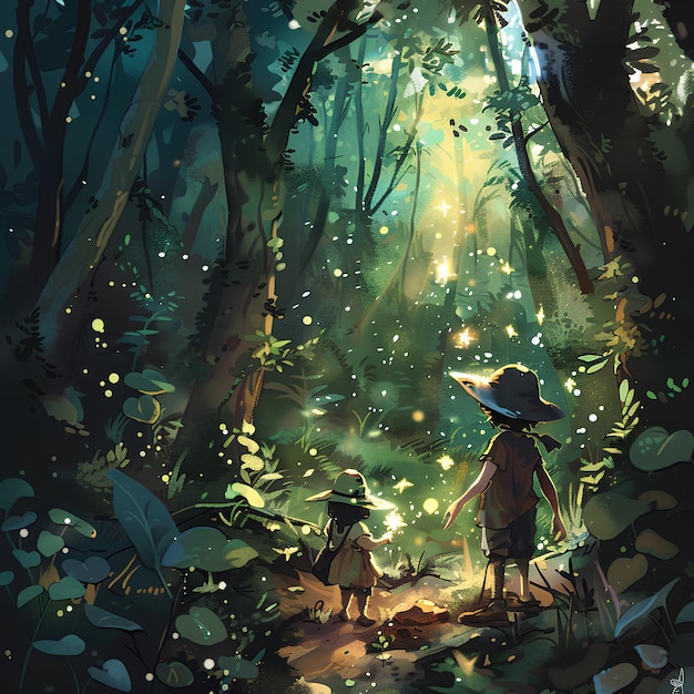 una pintura de dos niñas en un bosque con una luz brillando a través de los árboles