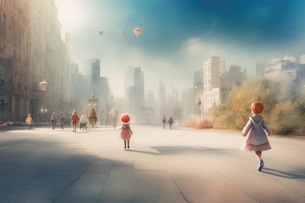 Una pintura de dos niñas en un parque con globos aerostáticos en el cielo.