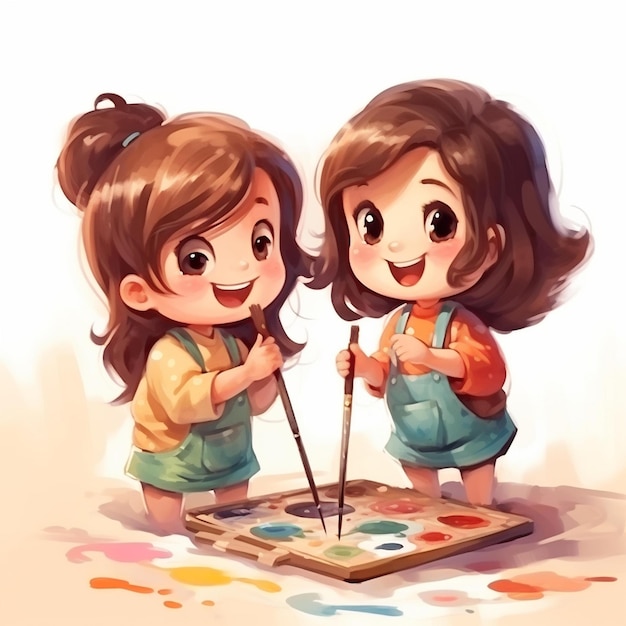 Foto pintura de dos niñas con pinceles y una paleta.