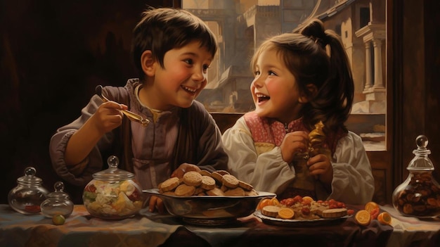 Una pintura de dos niños comiendo con una niña y un niño sosteniendo un tenedor.