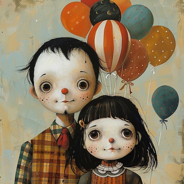 Foto una pintura de dos niños con globos y uno tiene una cara que dice 