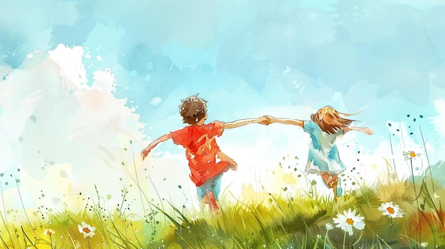 una pintura de dos niños jugando en el césped con uno con una camisa roja