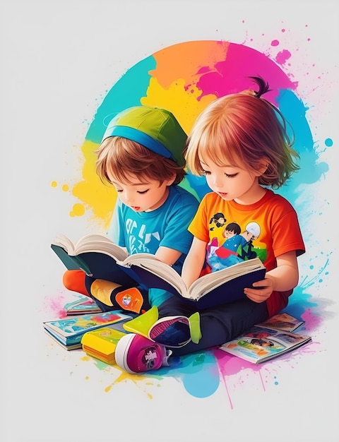 Una pintura de dos niños leyendo un libro.