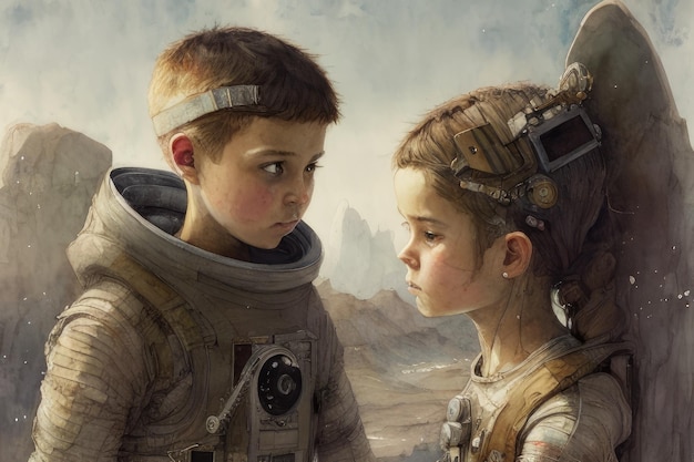 Una pintura de dos niños mirándose