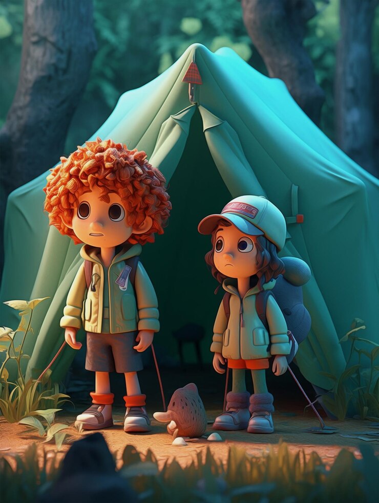 una pintura de Dos niños parados frente a una carpa verde