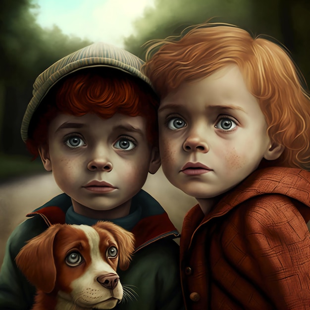 Una pintura de dos niños con el pelo rojo y un perro.