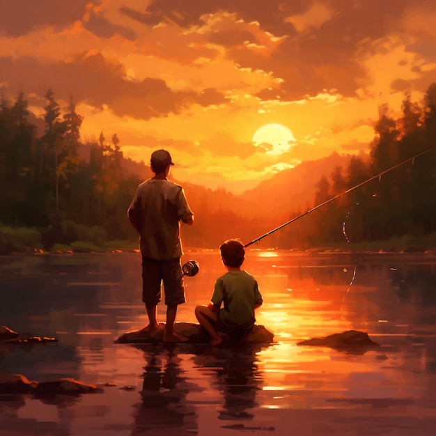 Una pintura de dos niños pescando en un río con el sol poniéndose detrás de ellos.