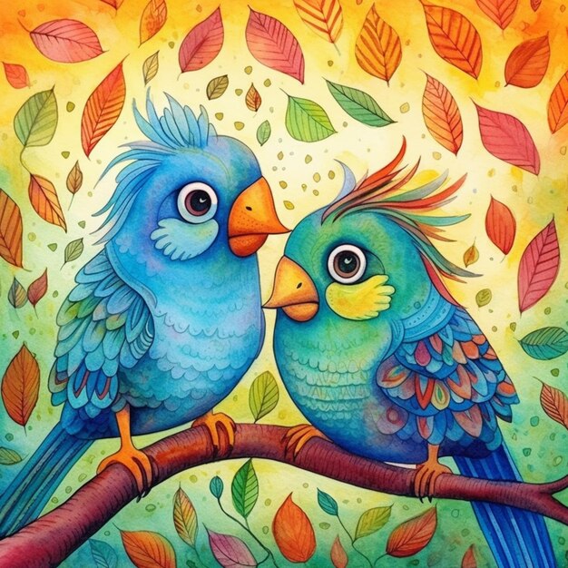 Pintura de dos pájaros coloridos sentados en una rama con hojas ai generativo