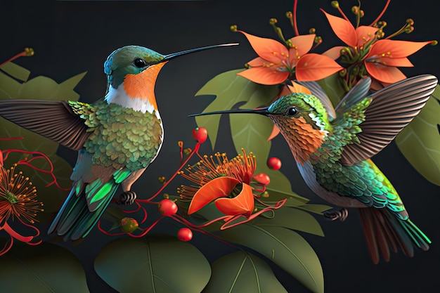 Una pintura de dos pájaros con flores en el fondo.