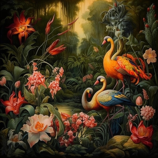 Una pintura de dos pájaros en una jungla con flores y un flamenco rosa.