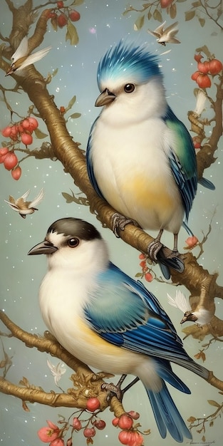 Una pintura de dos pájaros con plumas azules en la parte superior.