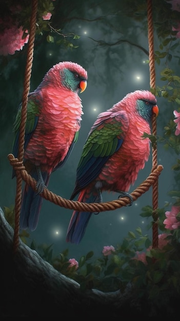 Una pintura de dos pájaros con plumas verdes y alas rojas.