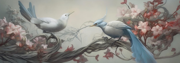 Una pintura de dos pájaros en una rama con una flor roja al fondo
