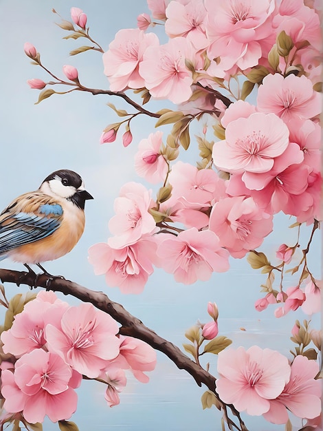 Una pintura de dos pájaros en una rama con flores rosas